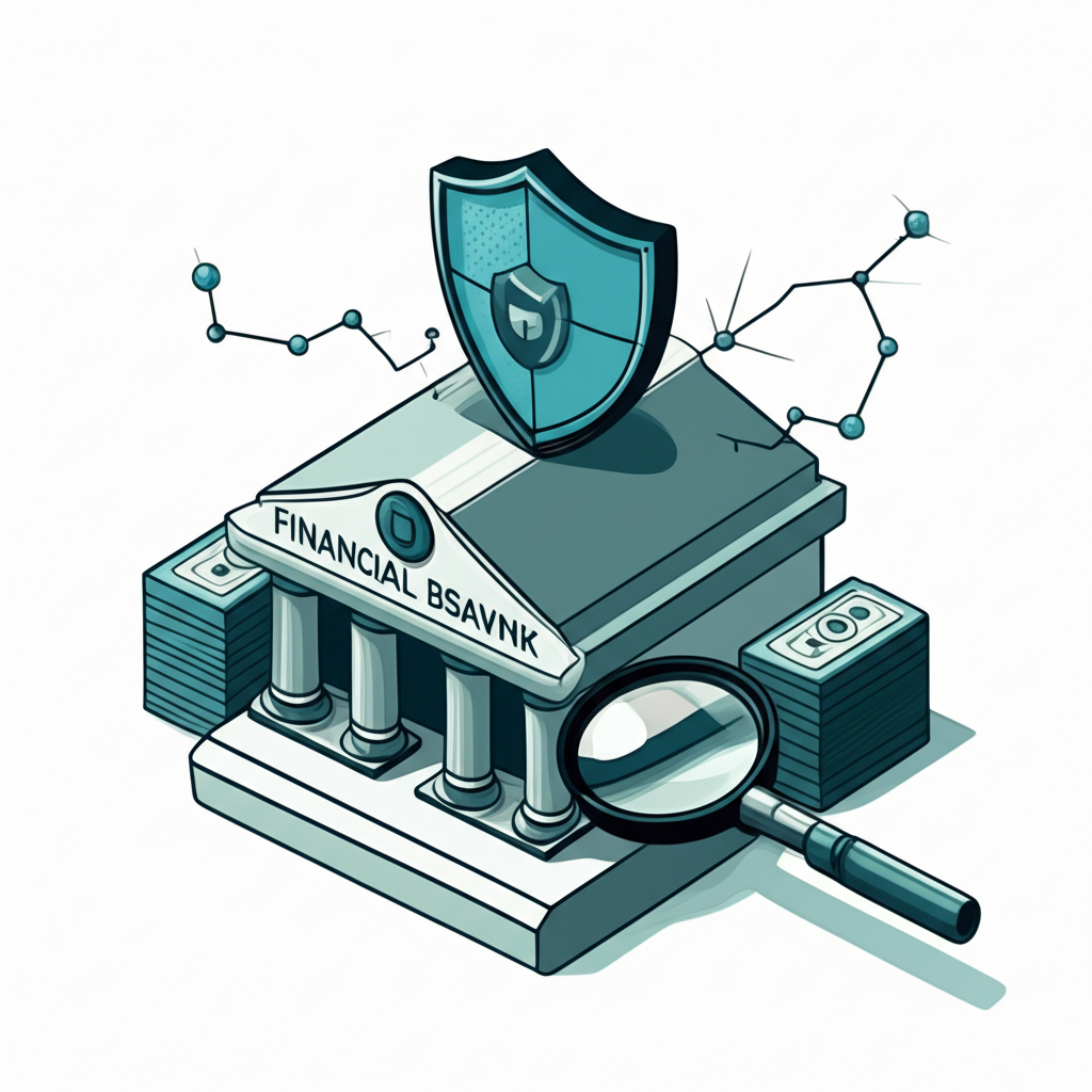 illustration of a financial institution building with magnifying glass examining large stacks of money a shield representing AML CTF protecting a global financial system