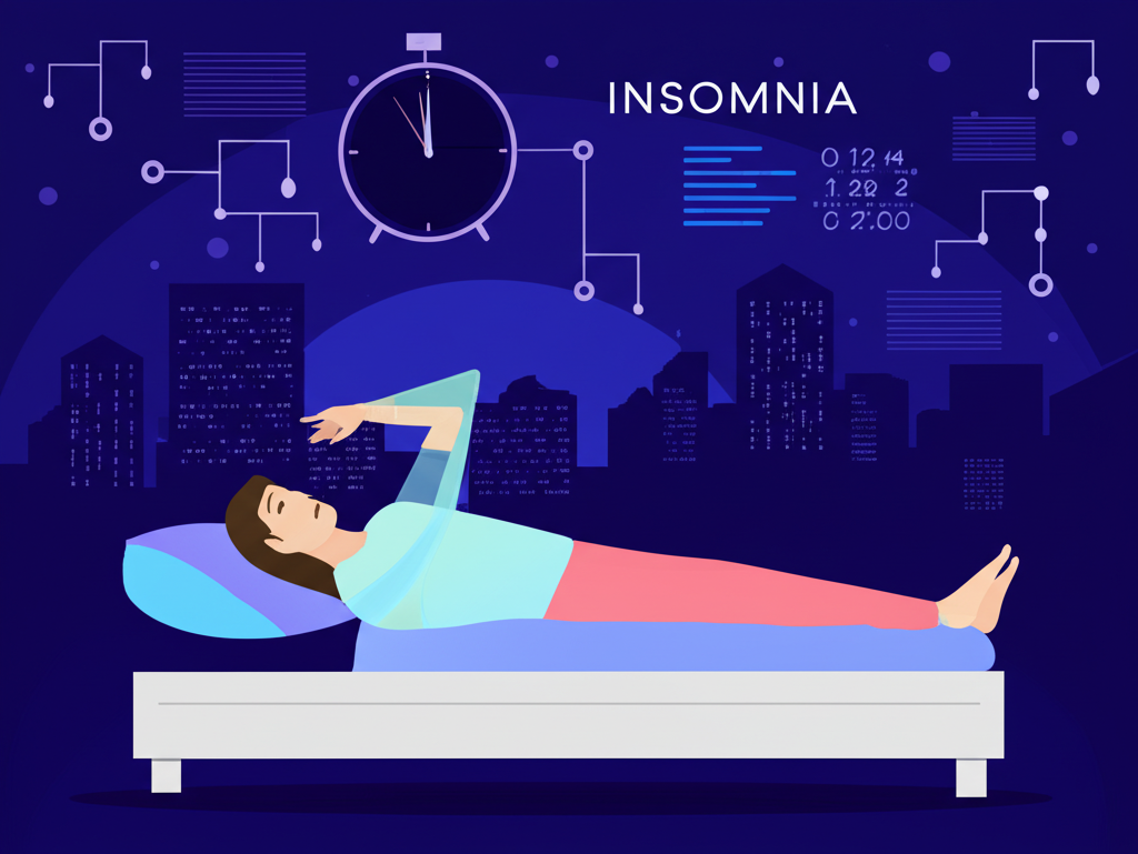 失眠患者在床上輾轉反側的插圖,背景為星空與晚間鐘錶,融入現代城市元素及睡眠不足統計資訊