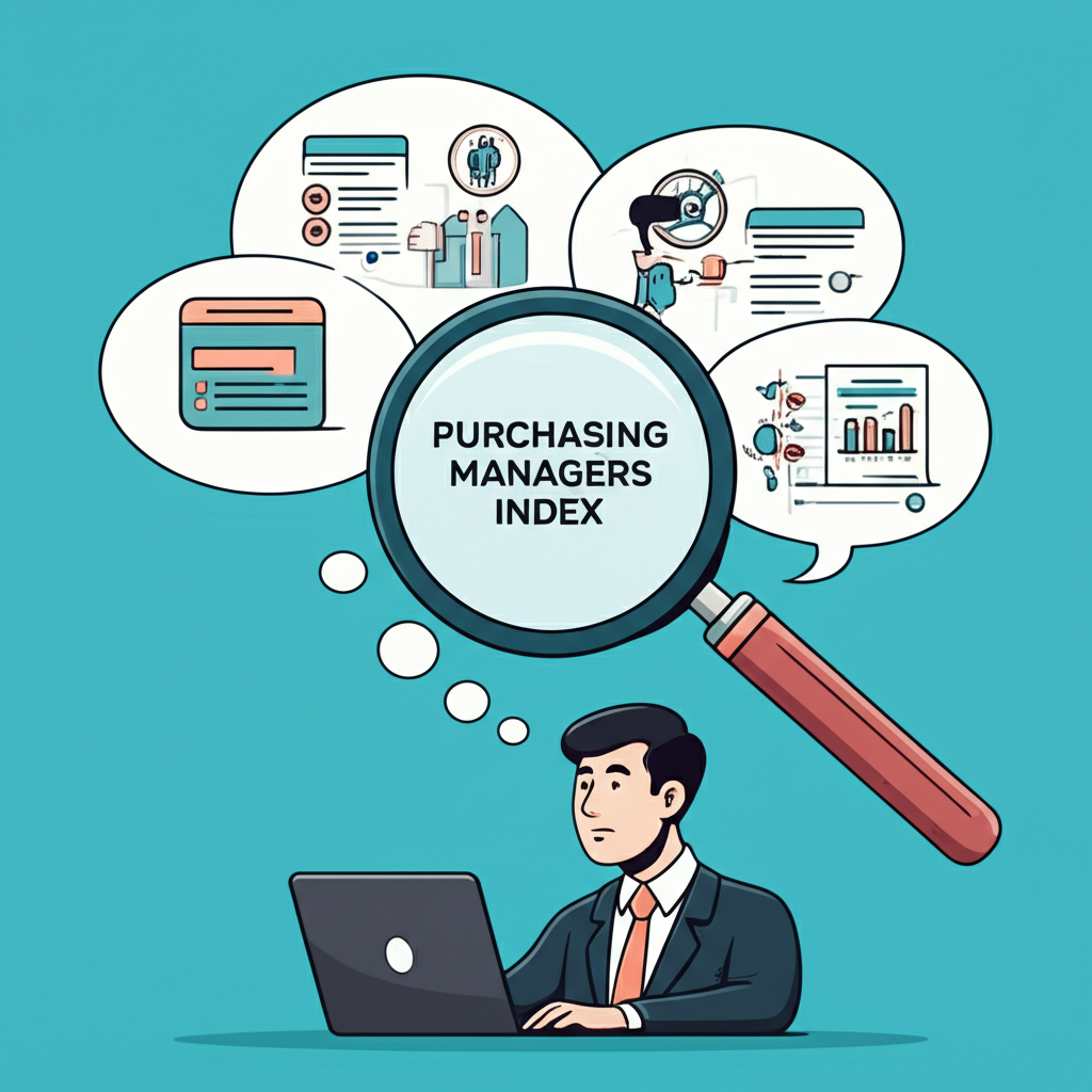 採購經理人檢視問卷的插圖,腦中浮現訂單生產與庫存變化的思緒泡泡,放大鏡聚焦PMI術語