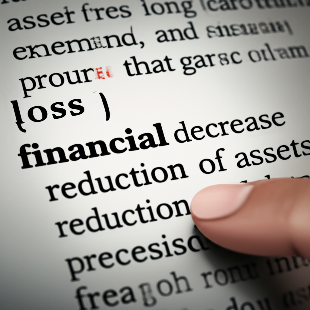 一本字典頁面顯示「loss」一詞及其定義,一隻手指向財務減少與資產減損的解釋,精確而清晰的風格