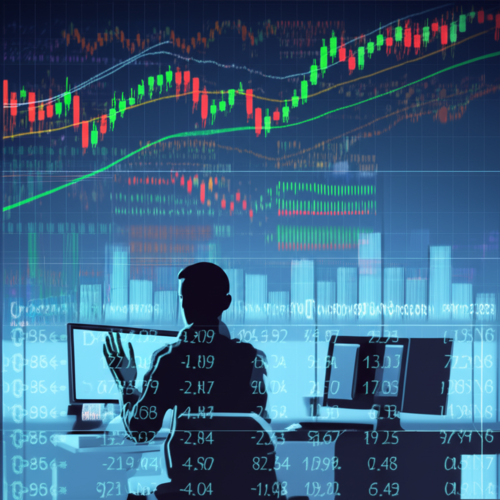 ภาพประกอบของนักเทรดที่กำลังดูกราฟการเงินซับซ้อนพร้อมรูปแบบแท่งเทียนและเส้นแนวโน้มในสำนักงานสมัยใหม่