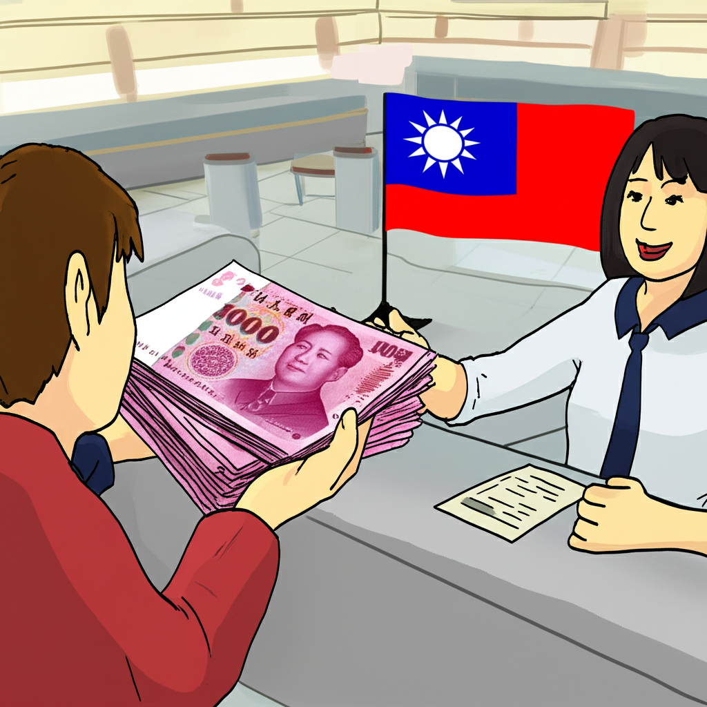 illustration of a Taiwanese bank interior a person depositing a large amount of NTD cash into a counter with a bank officer reviewing documents a subtle Taiwanese flag in background