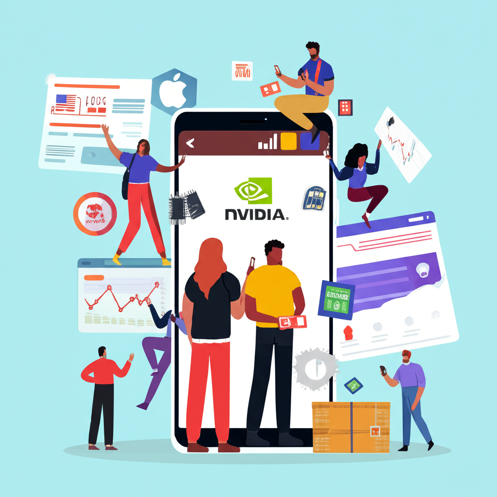 多元小額投資者興奮使用裝置交易美股零股,周圍浮現蘋果和輝達等公司標誌,象徵全球投資機會的普及