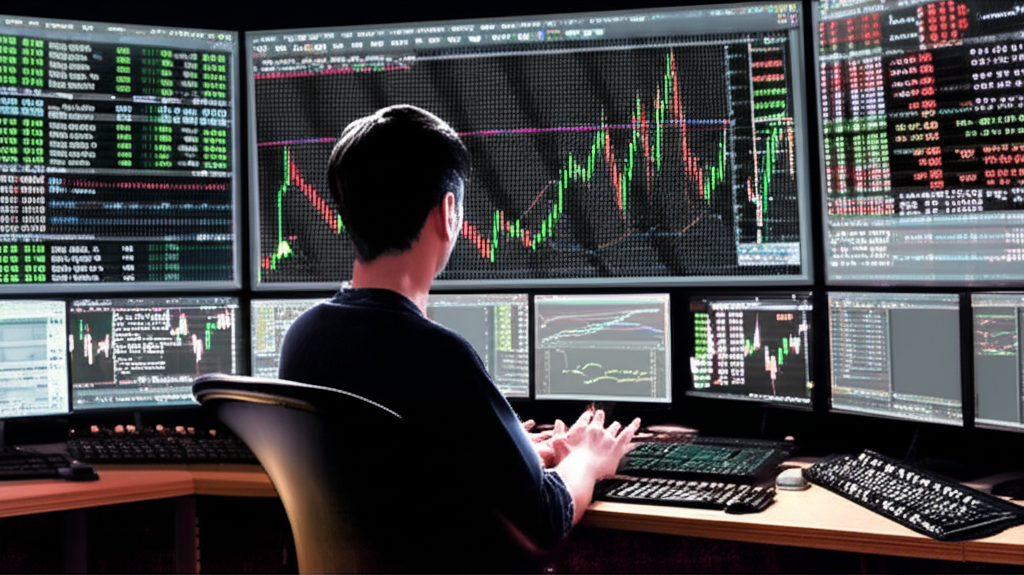 ภาพประกอบเทรดเดอร์กำลังศึกษาหน้าจอการเทรดที่ซับซ้อน แสดงโอกาสและความเสี่ยงในตลาดฟิวเจอร์ส