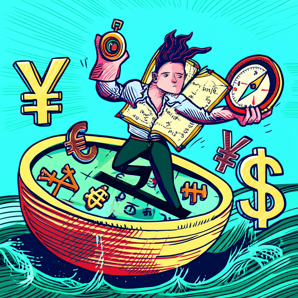 人物手持羅盤與地圖,穿越風暴中的貨幣符號海洋,象徵自信應對匯率複雜挑戰與金融概念