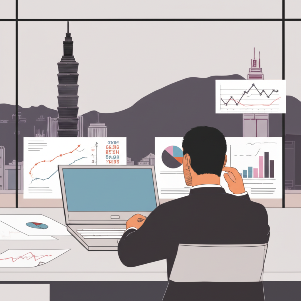 人在辦公桌前查看圖表與數據,背景有台灣和香港地標,象徵經濟分析與智慧財務管理