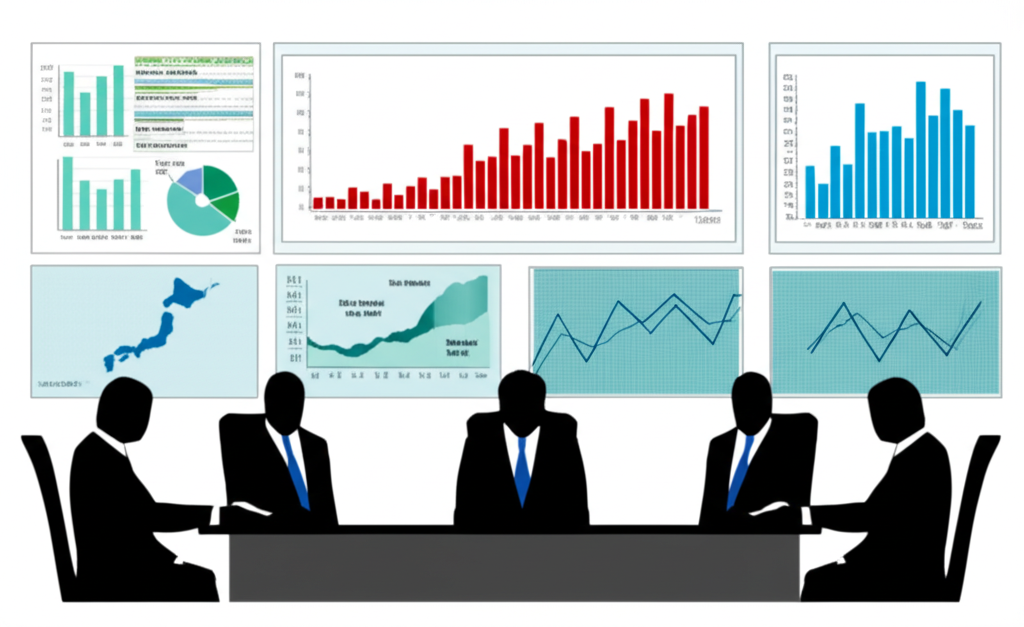 日本銀行政策委員會成員開會討論經濟數據圖表，強調物價穩定與金融體系保障