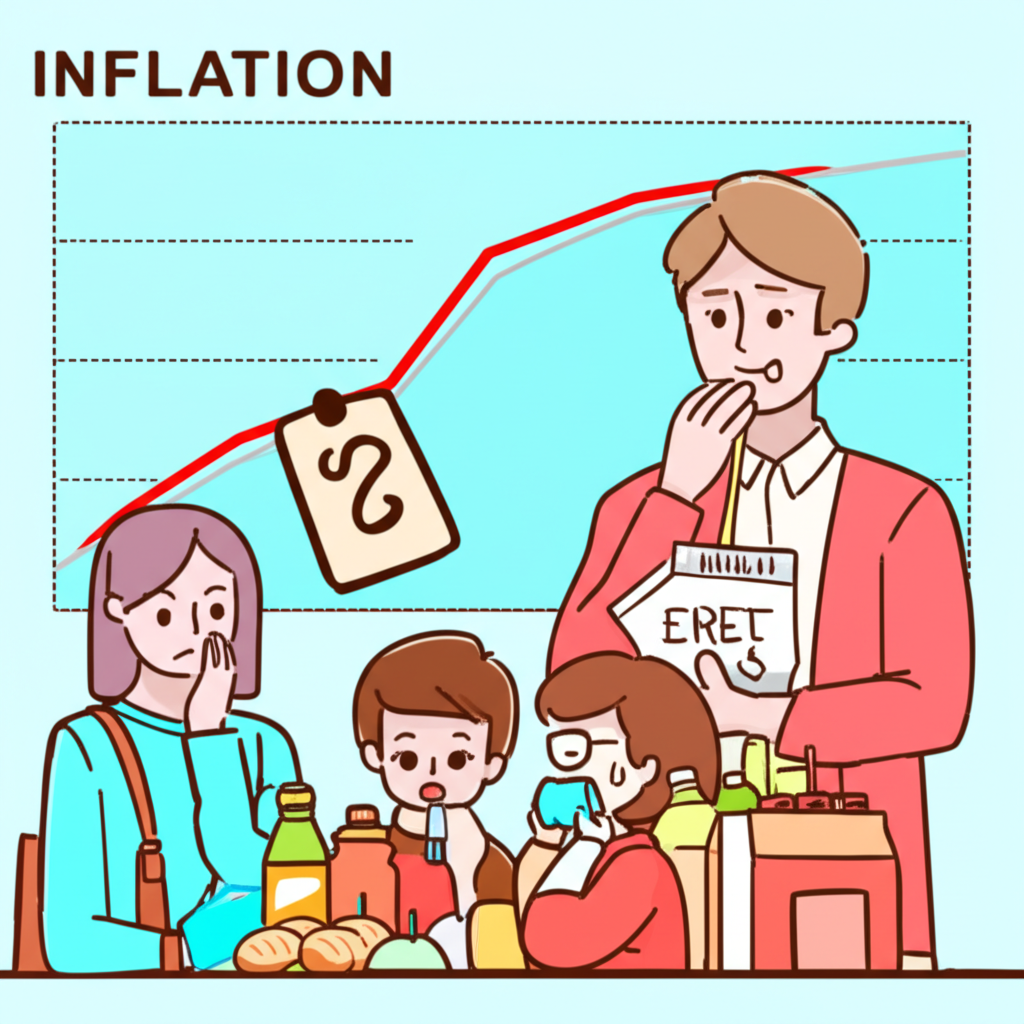 家庭購物、支付租金和通勤的插圖,顯示物價上漲如何影響日常預算與購買力,伴隨通貨膨脹趨勢圖表
