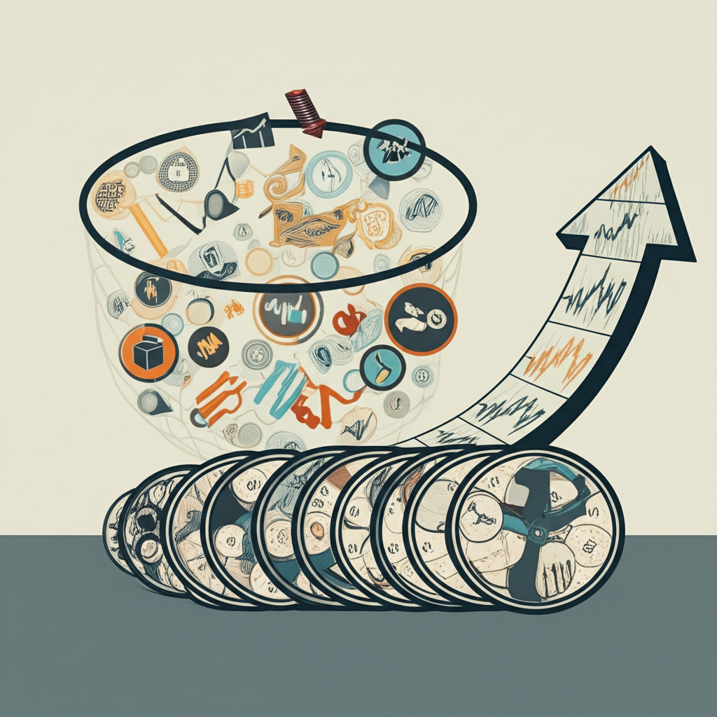 ภาพประกอบที่แสดงสามแนวคิดนามธรรมหลักของการวิเคราะห์ทางเทคนิค ได้แก่ ตลาดสะท้อนทุกสิ่ง ราคาเคลื่อนไหวยึดแนวโน้ม และประวัติศาสตร์มักซ้ำรอย ด้วยภาพสัญลักษณ์