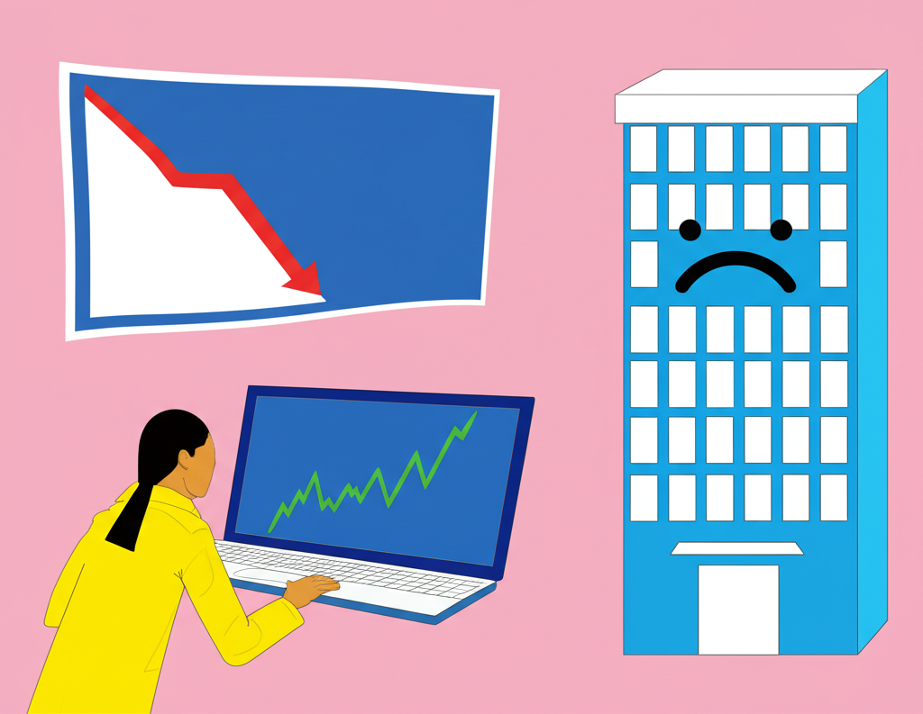 兩個不同場景的插圖:一人擔憂地看著電腦螢幕上向下圖表代表投資損失,另一邊是公司建築帶著傷心表情象徵整體商業虧損,敘事而富有表現力的風格