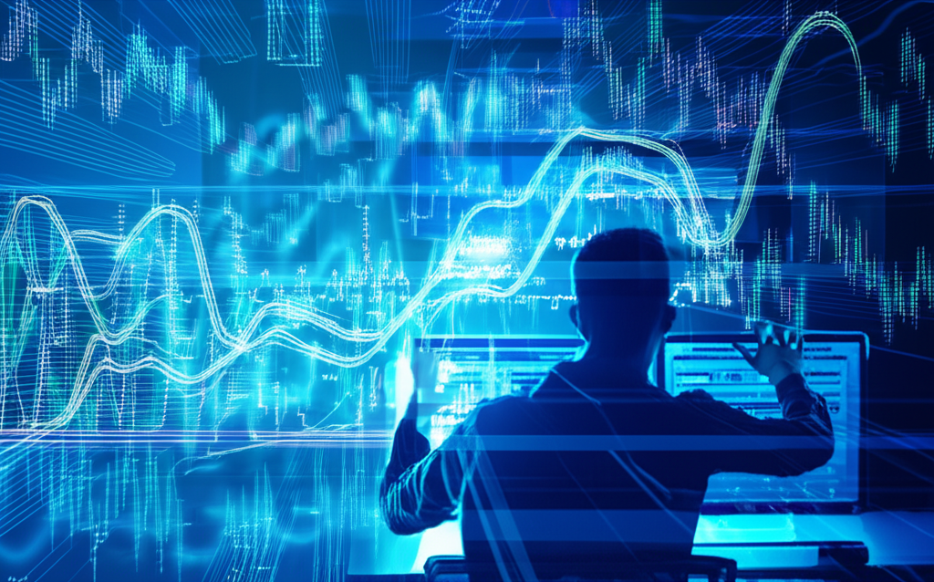 ภาพประกอบของบุคคลที่กำลังศึกษากราฟการเงินและข้อมูลตลาดบนหน้าจอคอมพิวเตอร์ ล้อมรอบด้วยภาพข้อมูลนามธรรม
