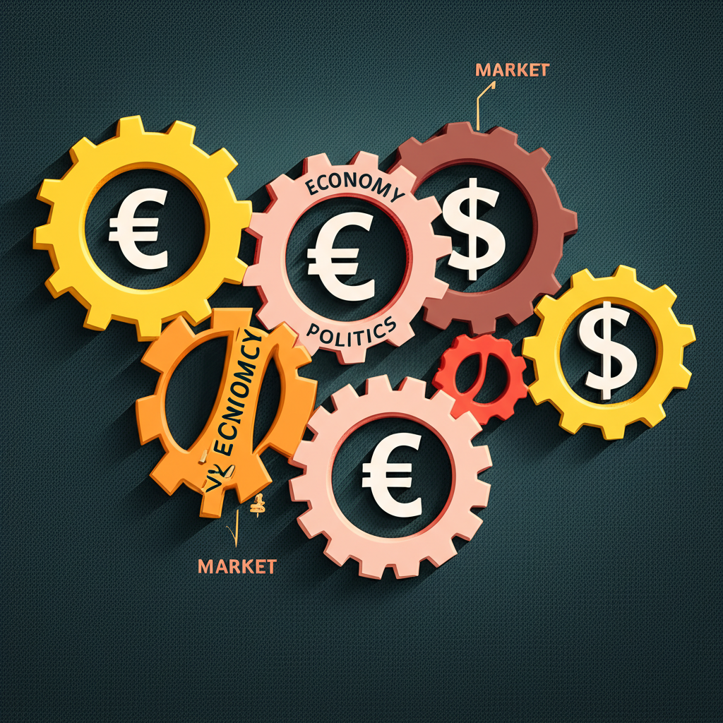 複雜齒輪機構標註經濟、政治與市場元素,驅動貨幣符號運轉,展現匯率變動的互聯因素