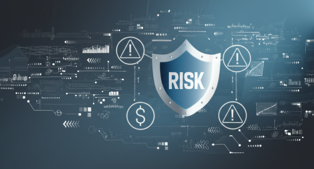 ภาพประกอบภูมิทัศน์การเงินสมัยใหม่พร้อมไอคอนความเสี่ยงรอบโล่ธนาคาร สื่อถึงการกำกับดูแล