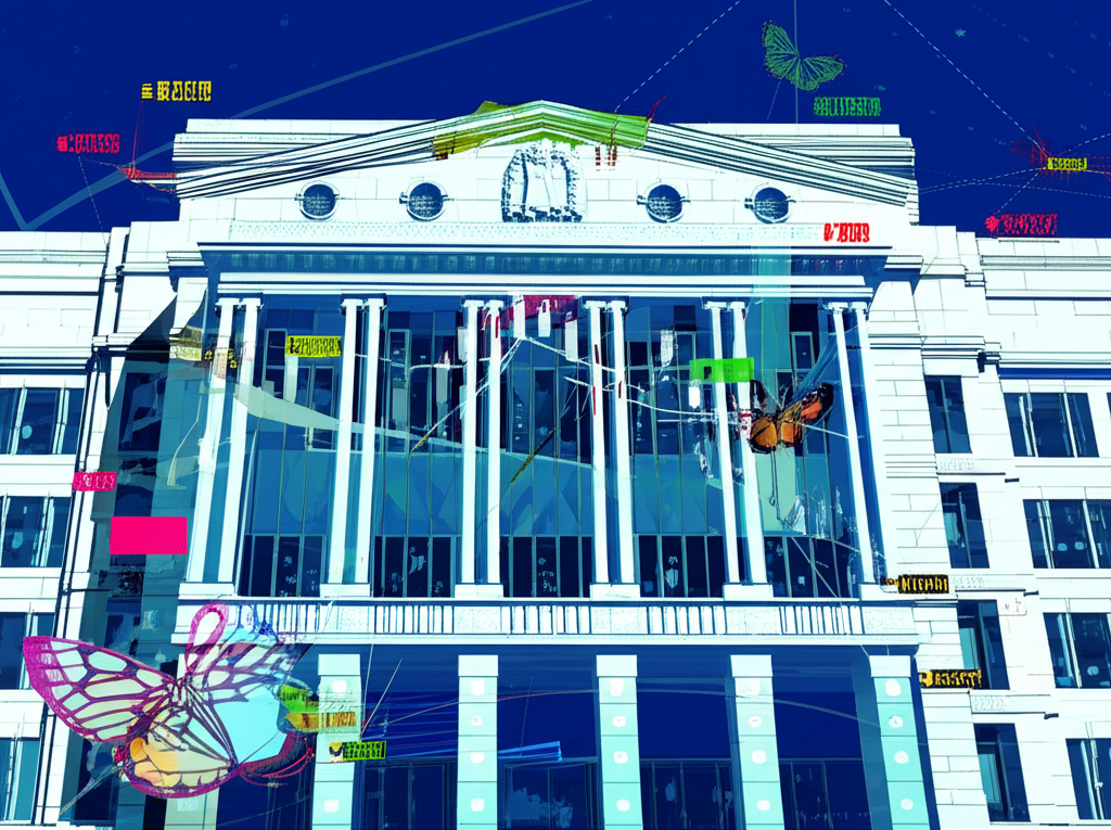 日本銀行建築與全球金融市場的互聯圖示，顯示貨幣波動與股市動向的蝴蝶效應