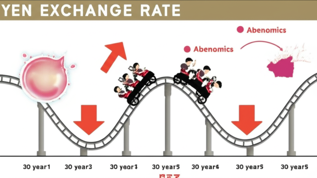 日幣匯率三十年波動時間線插圖,如過山車般起伏,標註經濟泡沫、安倍經濟學與近期低點