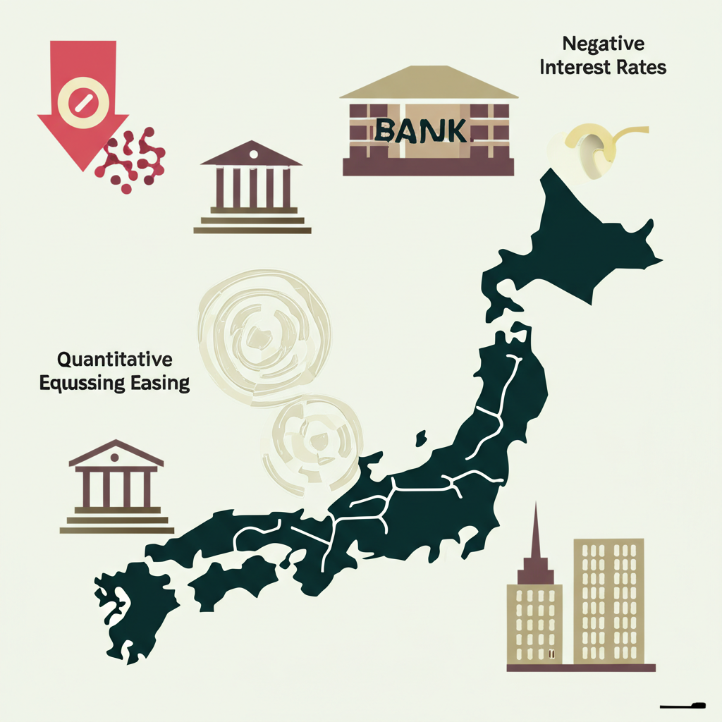 負利率、殖利率曲線控制與量化寬鬆等貨幣工具的抽象圖示，影響日本經濟中的銀行與企業