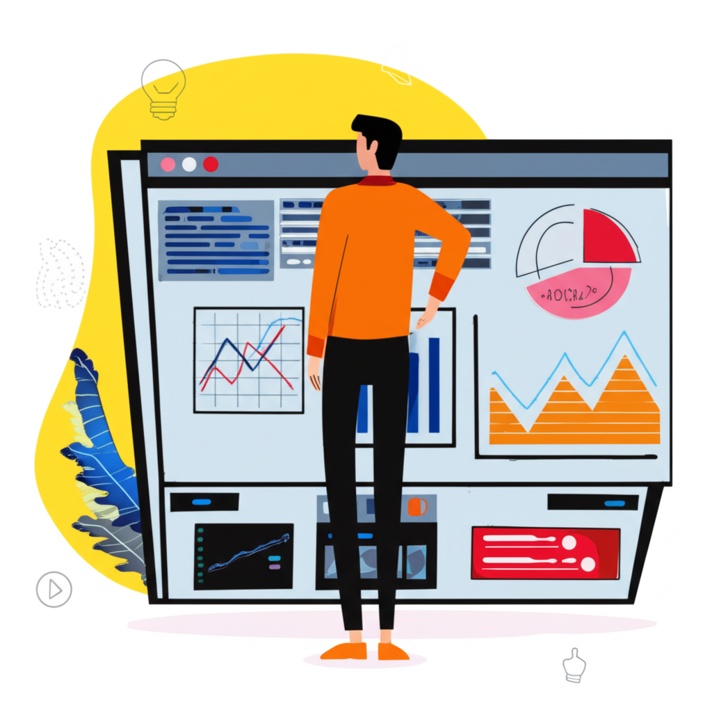 一位人士自信操作財務儀表板,顯示圖表與數據,象徵透過投資策略實現長期財富建構