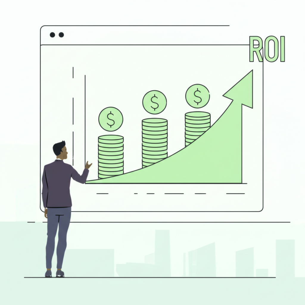 illustration of a person looking at a chart with money growth symbols and ROI text