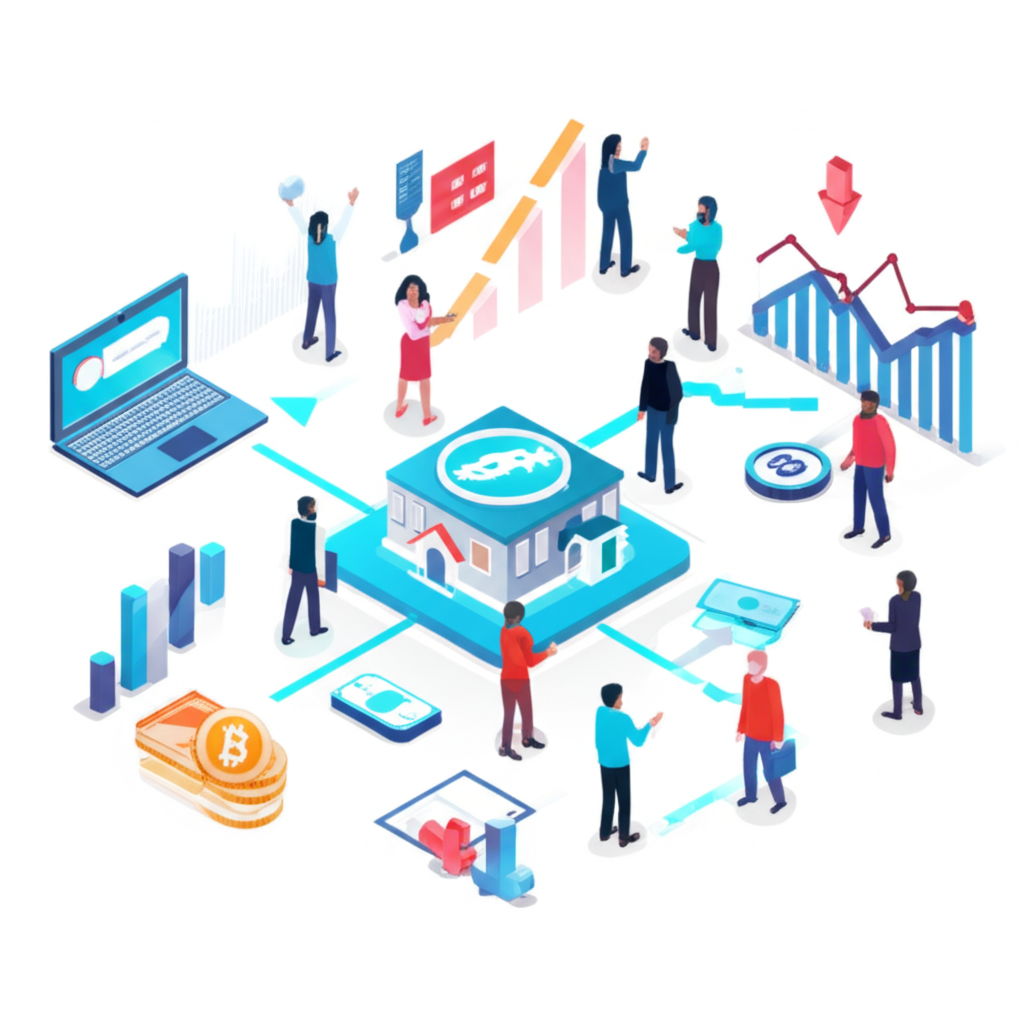 Illustration of people navigating a complex investment world with various assets and risks in a modern portfolio