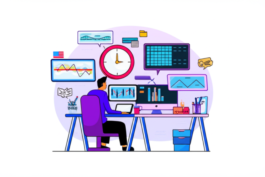 美股當沖交易者多螢幕操作圖，展示自信投資人盯著美國股市圖表與快速時鐘