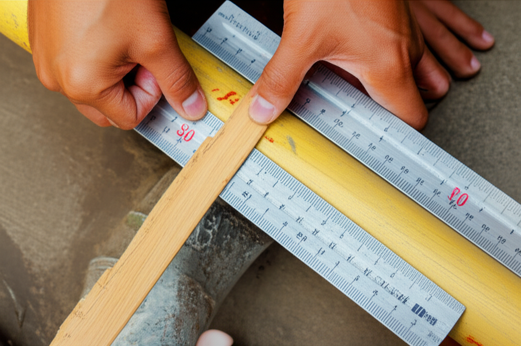 ช่างไทยกำลังวัดท่อด้วยไม้บรรทัดหุนแบบดั้งเดิมและไม้บรรทัดเมตริกสมัยใหม่