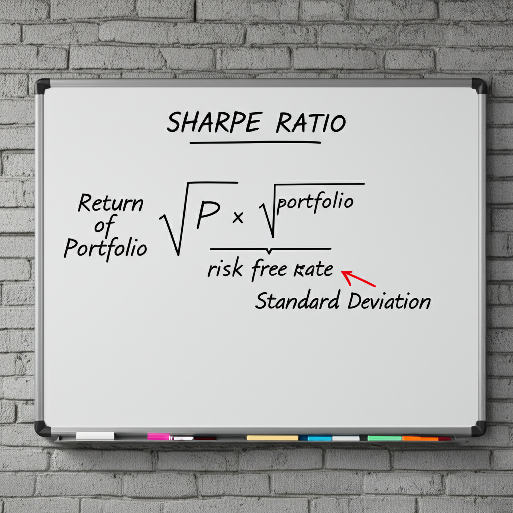 illustration a whiteboard with the sharpe ratio formula clearly written showing return of portfolio risk free rate and standard deviation as key components