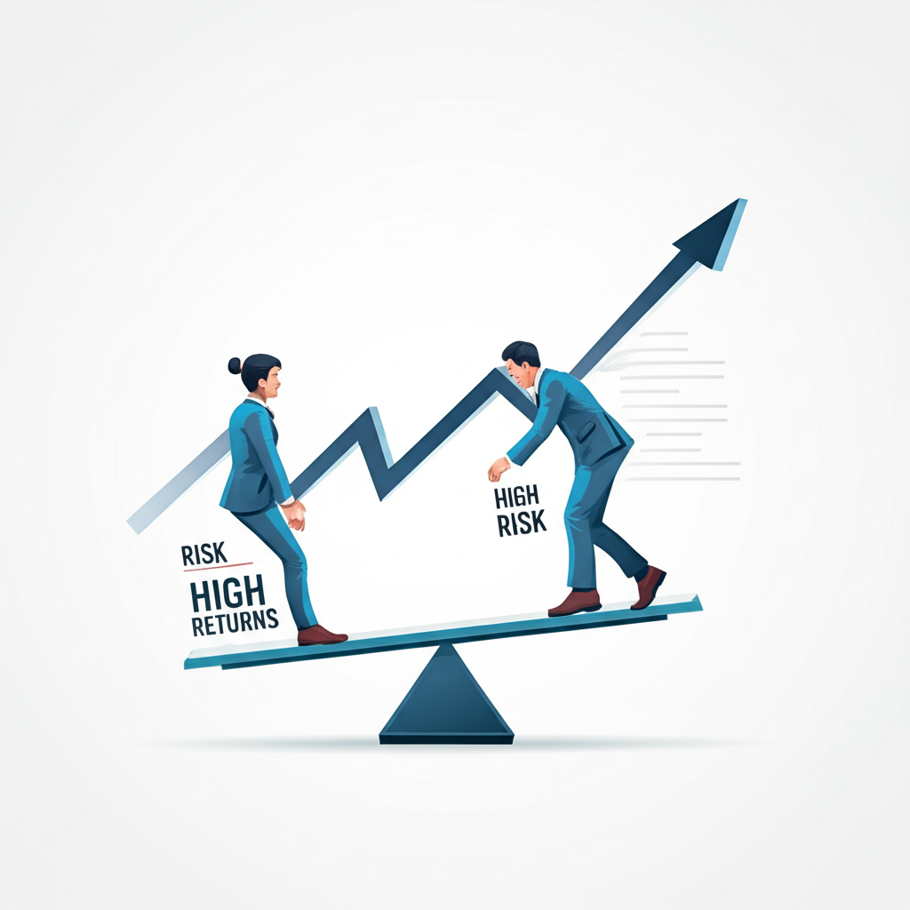 illustration a person balancing high returns and high risk on a seesaw with a sharp ratio scale in the background showing risk adjusted returns concept