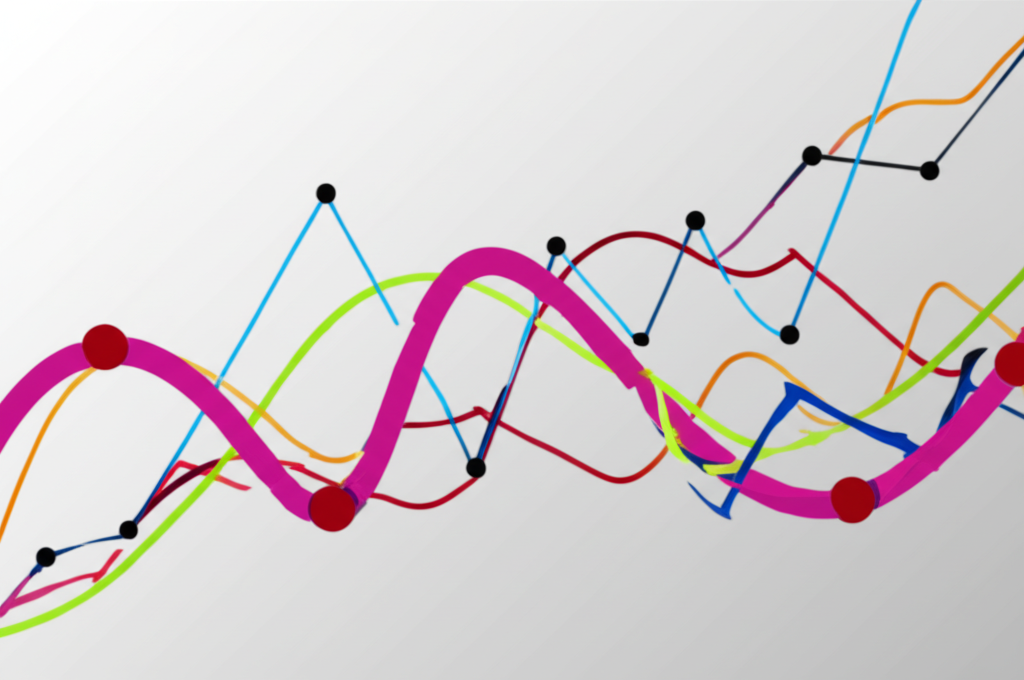 ภาพประกอบกราฟการเงินนามธรรมพร้อมเส้นทางคณิตศาสตร์และจุดข้อมูลที่แสดงถึงตัวชี้วัด