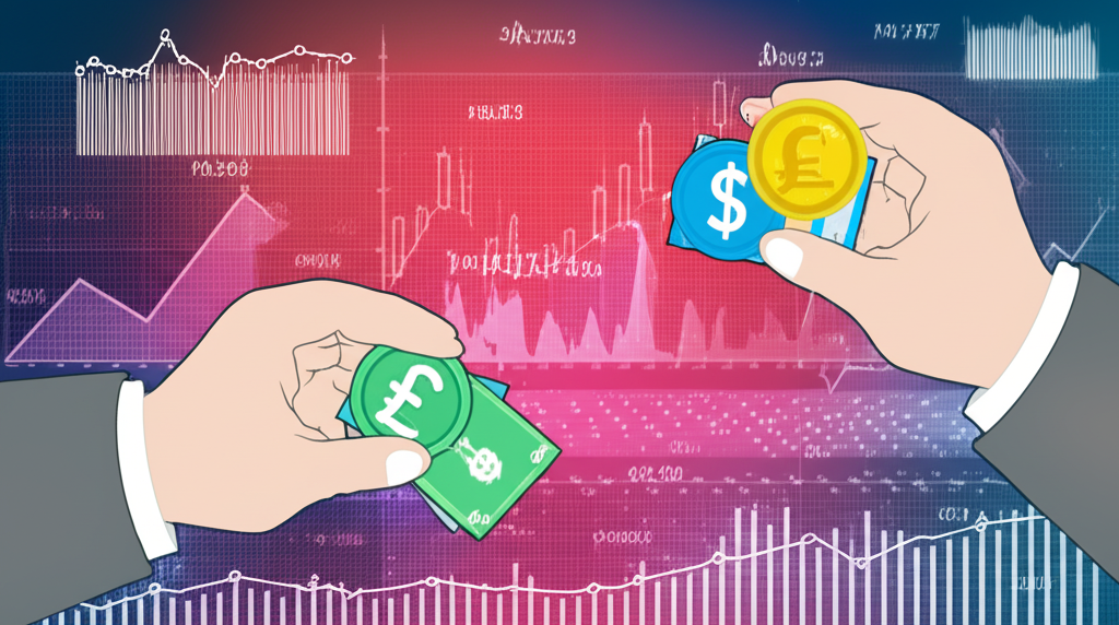 雙手交換不同國家的貨幣，背景有抽象的金融數據和圖表，代表外匯的基本概念與市場交易