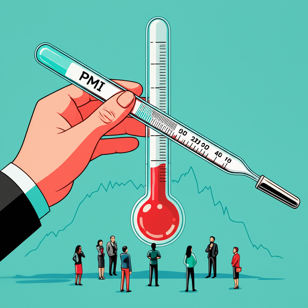 PMI指數測量全球經濟溫度的插圖,顯示經濟週期起伏與觀察者好奇注視