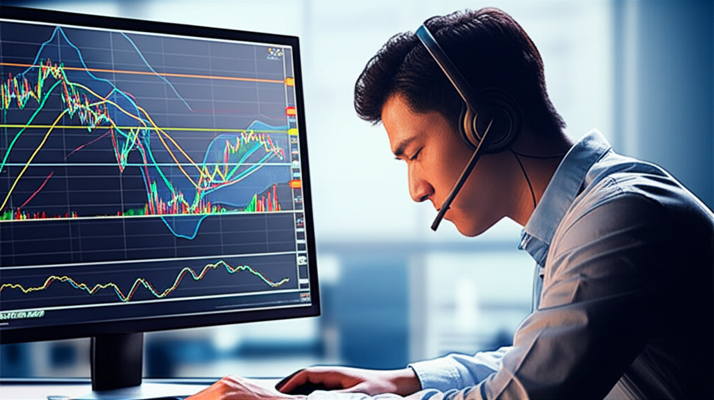 ภาพประกอบเทรดเดอร์กำลังศึกษาตัวชี้วัดทางเทคนิคอย่าง MACD RSI และ Bollinger Bands บนกราฟพร้อมเส้นแนวโน้ม