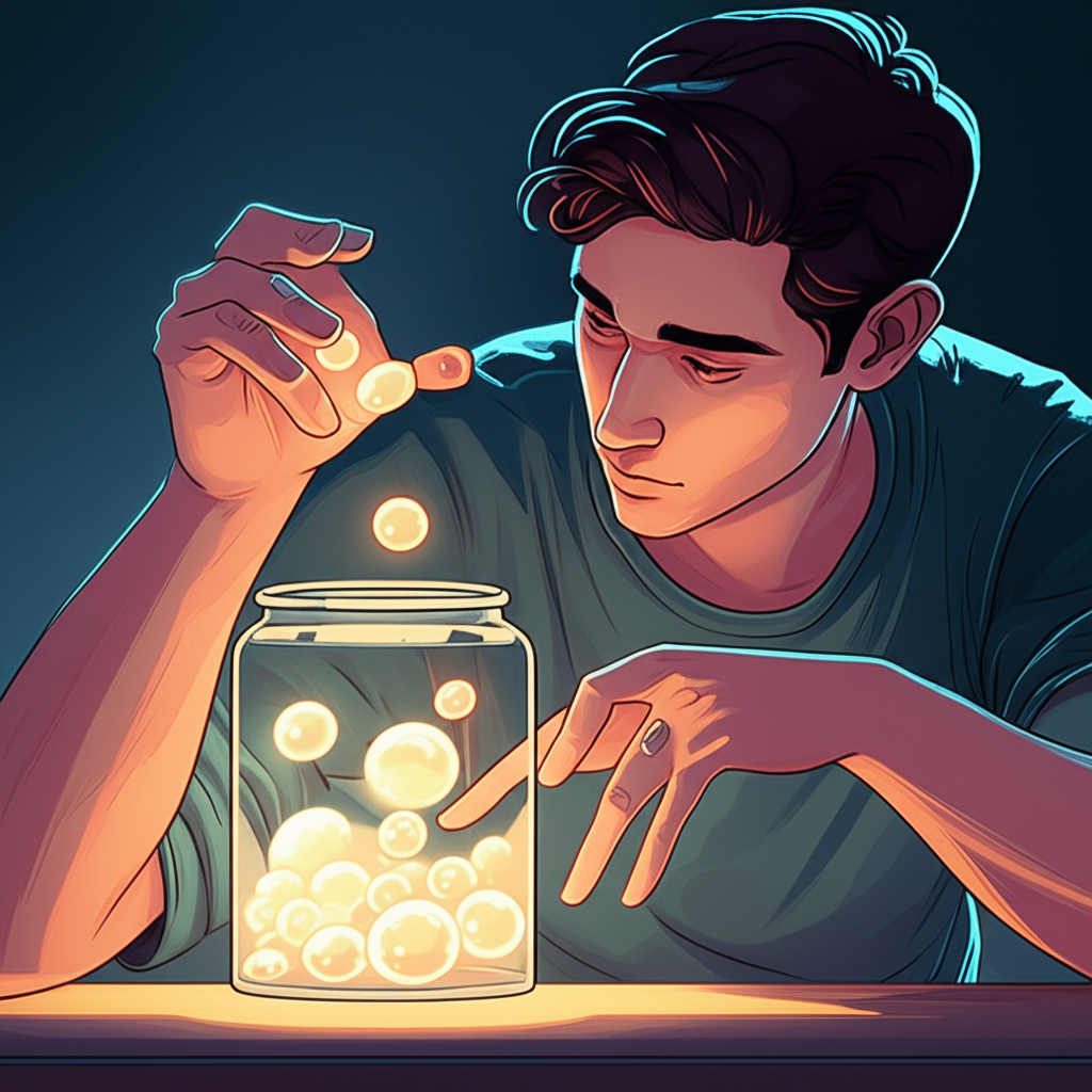 一位人物小心收集並儲存發光能量球的插圖,象徵蓄積的定義與有目的的聚集過程