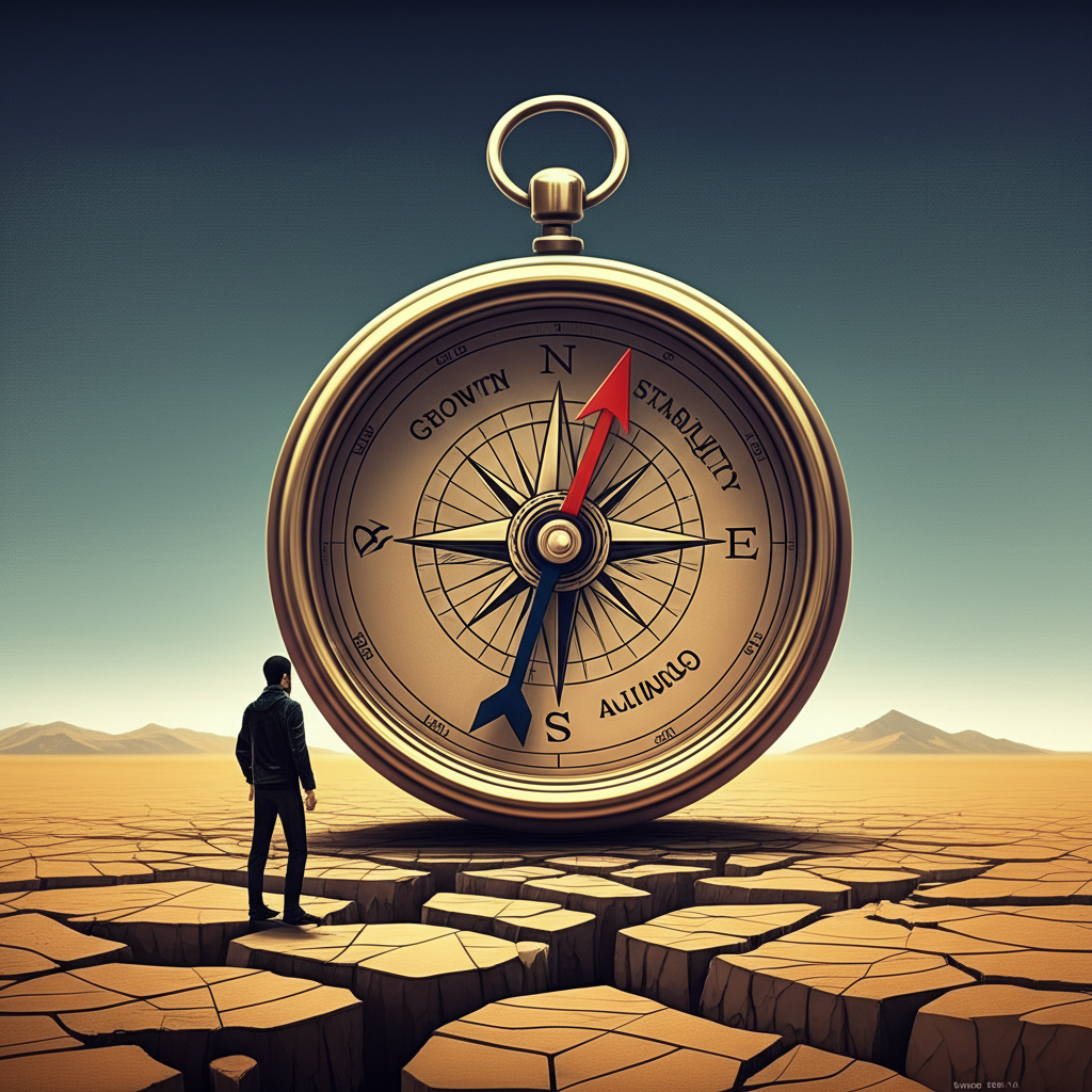 คนกำลังนำทางความไม่แน่นอนทางเศรษฐกิจด้วยเข็มทิศที่แสดงการเติบโตและเสถียรภาพ