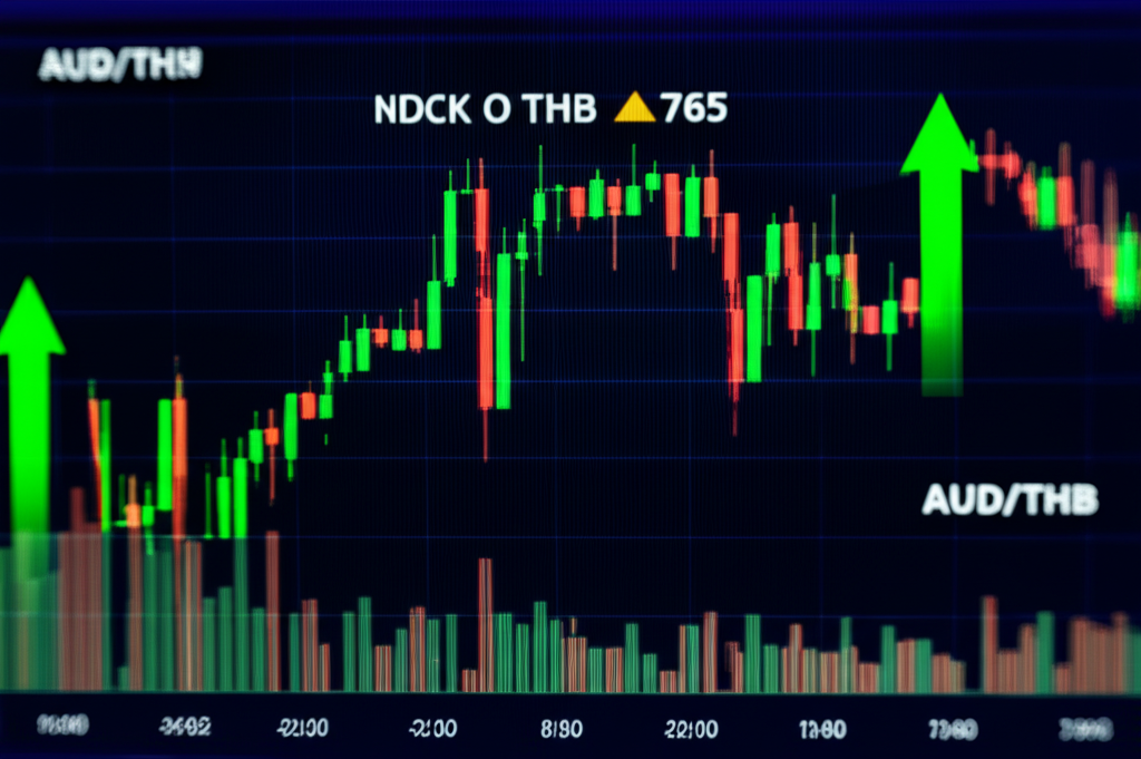 ภาพประกอบหน้าจอดิจิทัลแสดงอัตราแลกเปลี่ยน AUD/THB แบบเรียลไทม์พร้อมกราฟตลาดและลูกศรบ่งชี้การเคลื่อนไหว