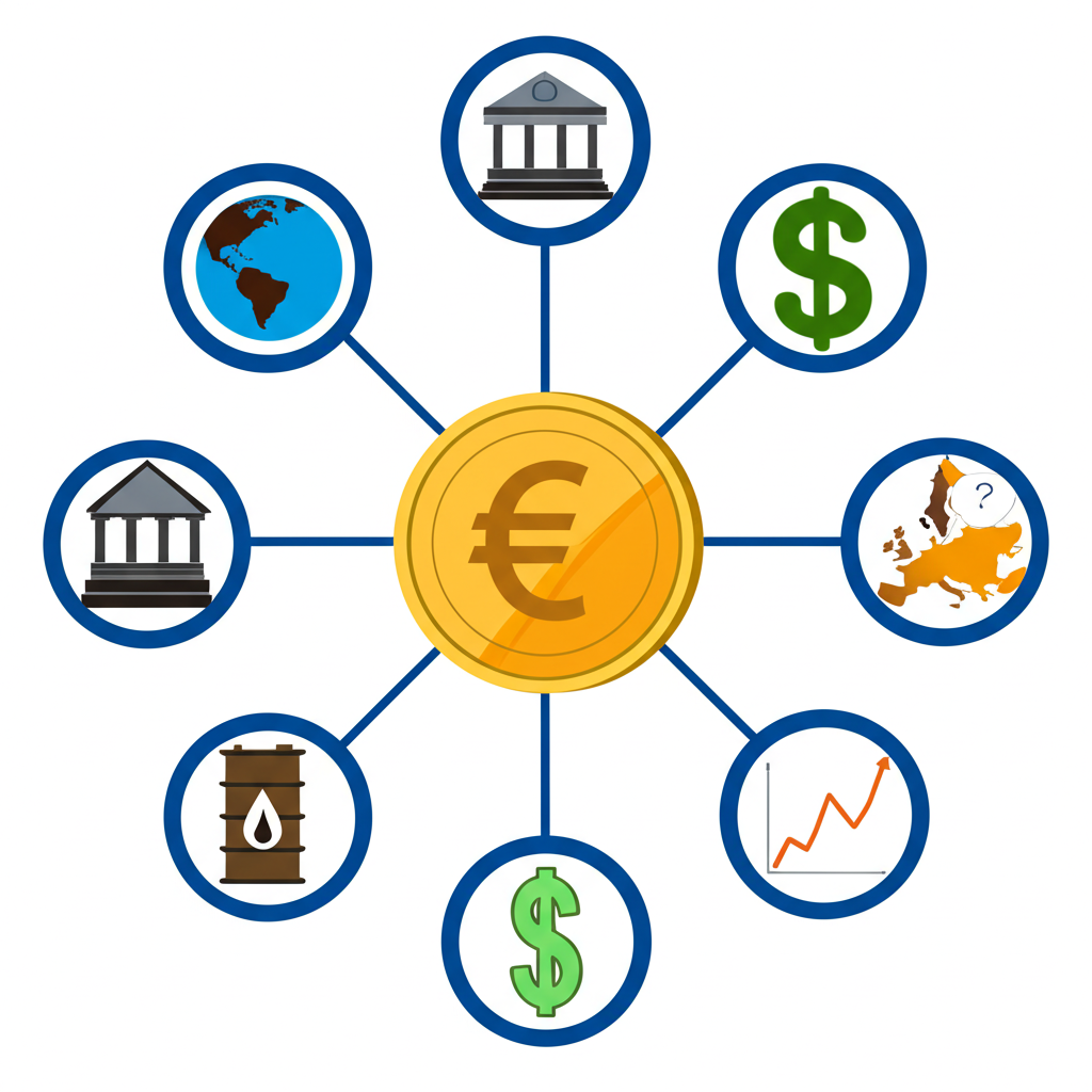 中央歐元幣周圍八個圖標,代表關鍵影響因素如央行建築、圖表、世界地圖、美元符號、政治地圖、油桶、思想泡泡與貿易平衡秤,透過線條連接