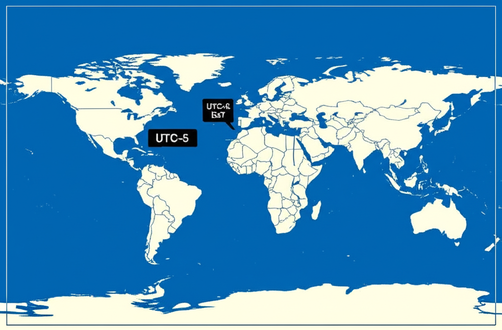 ภาพประกอบแผนที่โลกที่เน้นทวีปอเมริกาเหนือพร้อมระบุเขตเวลา UTC-5 สำหรับ EST อย่างชัดเจน