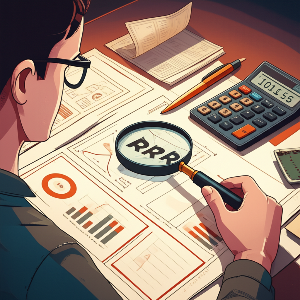 投資者研究風險回報比藍圖,使用計算器、圖表與放大鏡進行深入分析與策略規劃