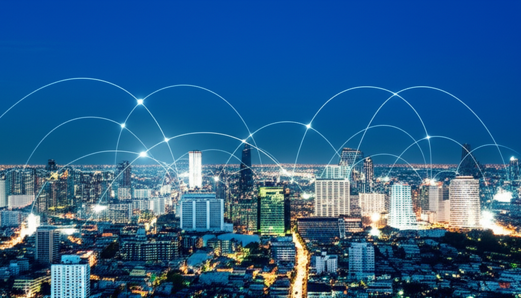 ภาพประกอบทิวทัศน์กรุงเทพฯ กับการทับซ้อนดิจิทัลที่แสดงถึงนวัตกรรมฟินเทคและการเชื่อมต่อระดับโลก