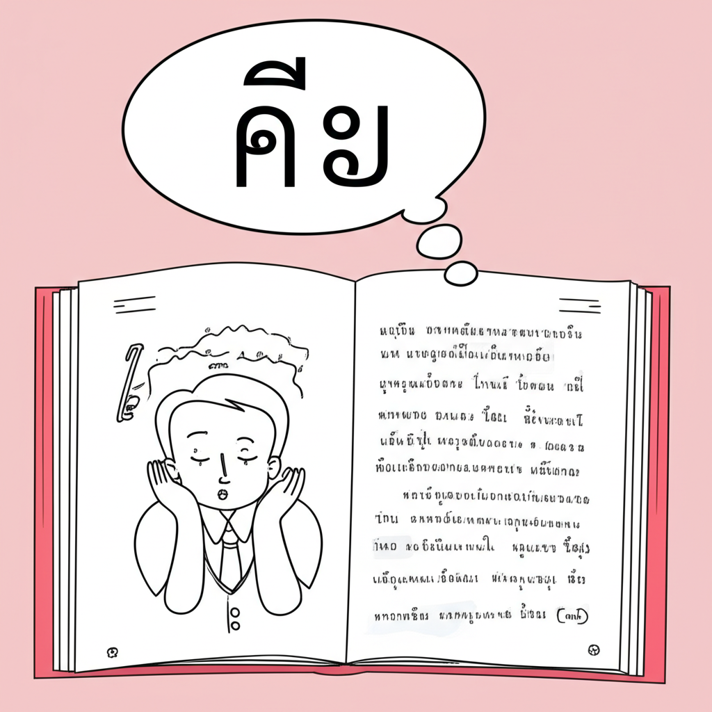 นักเรียนกำลังศึกษาภาษาไทยจากหนังสือเรียน พร้อมฟองความคิดที่แสดงคำว่า คือ และความสำคัญของมันในสไตล์ภาพประกอบ