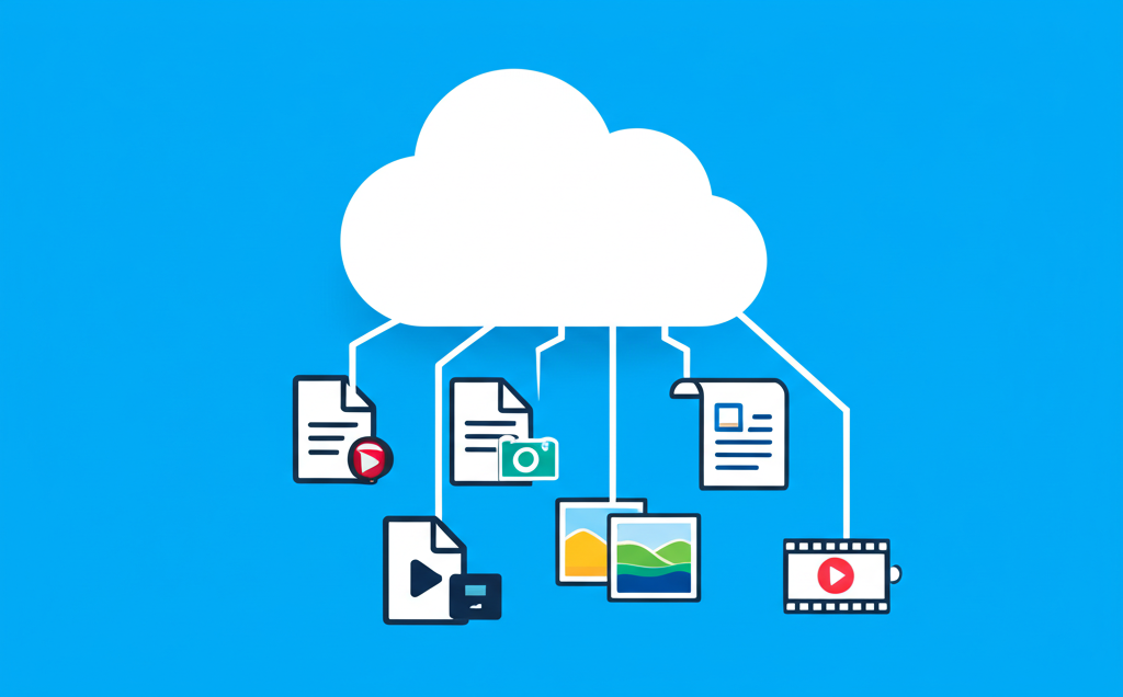 騰訊微雲雲端儲存服務核心價值插圖,展示雲端中存放文件、照片與影片的場景
