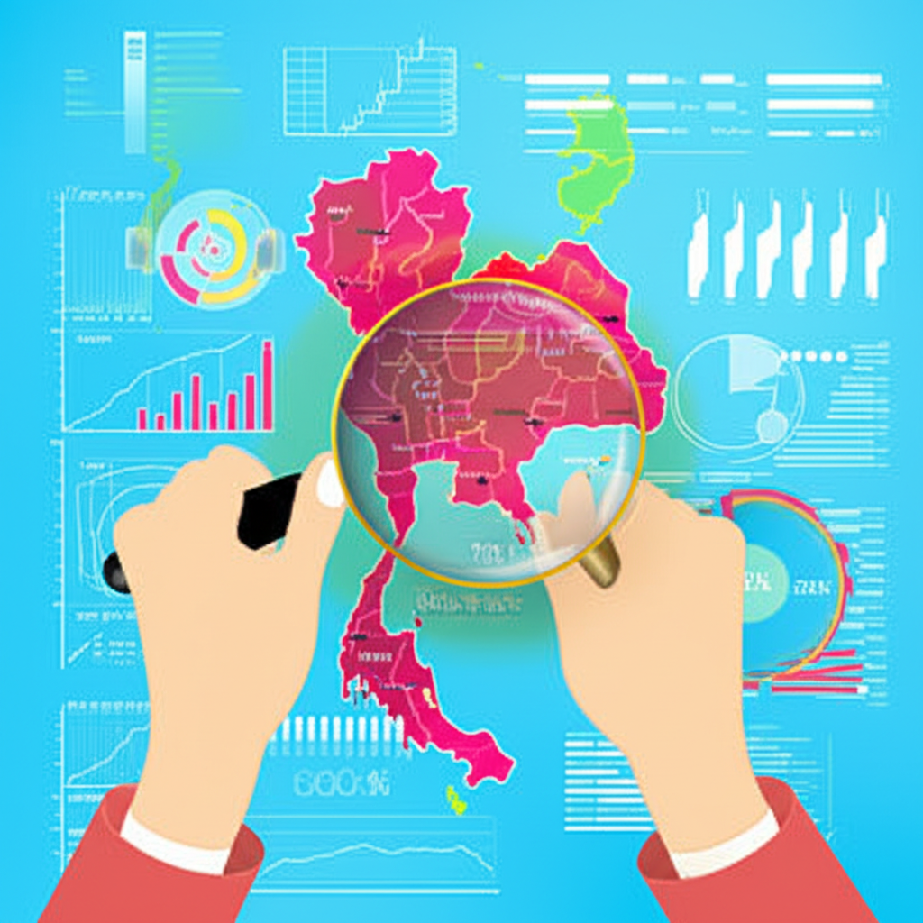 มือกำลังถือแว่นขยายเหนือแผนที่ประเทศไทยในการวิเคราะห์ข้อมูลเศรษฐกิจ