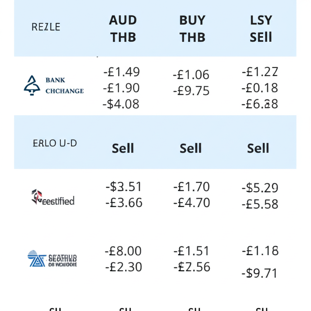 ภาพประกอบตารางเปรียบเทียบอัตราแลกเปลี่ยน AUD/THB สำหรับซื้อและขายจากสถาบันการเงินต่างๆ เช่น ธนาคารและร้านแลกเงิน
