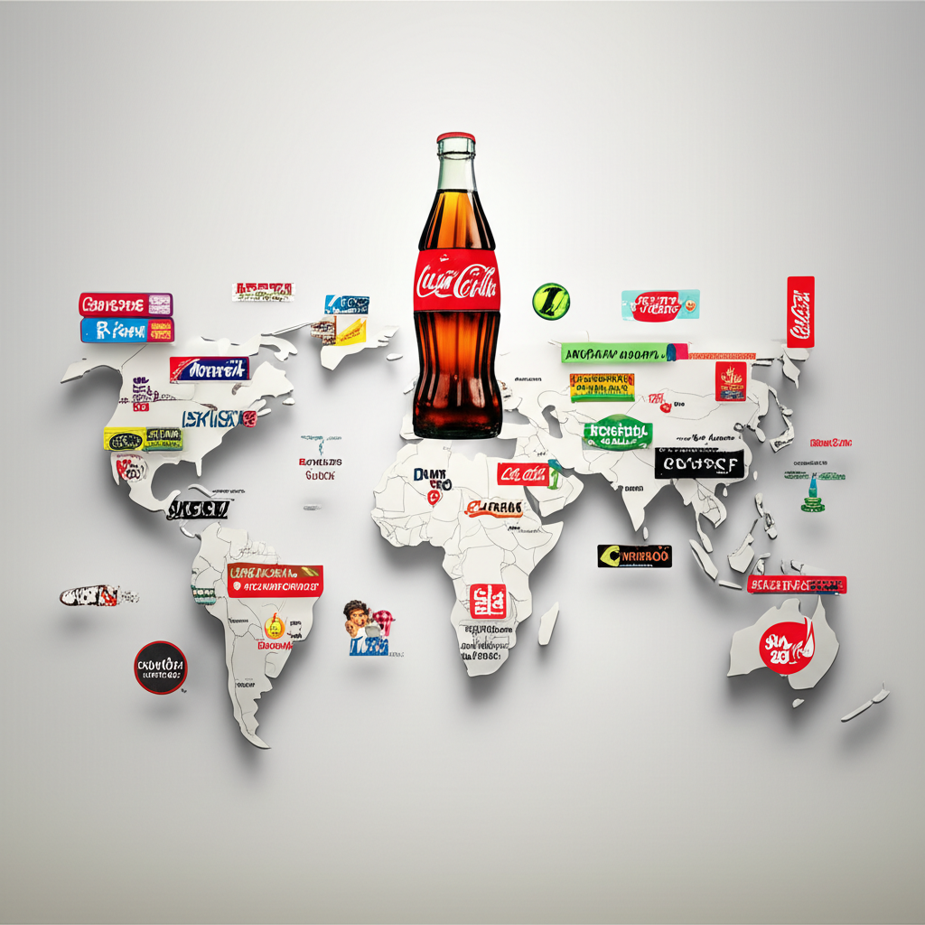可口可樂標誌與經典瓶子浮現世界地圖,周圍環繞多元產品品牌,象徵全球影響力與產品組合