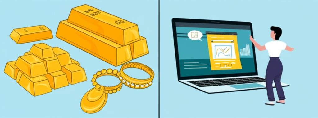 ภาพประกอบเปรียบเทียบทองคำแท่งและเครื่องประดับกับการเทรดทองออนไลน์บนหน้าจอแล็ปท็อป