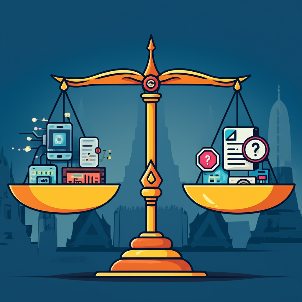 ภาพประกอบตาชั่งที่สมดุลระหว่างนวัตกรรมฟินเทคด้านหนึ่งกับความท้าทายด้านกฎระเบียบอีกด้าน ตั้งอยู่ในบริบทของประเทศไทย