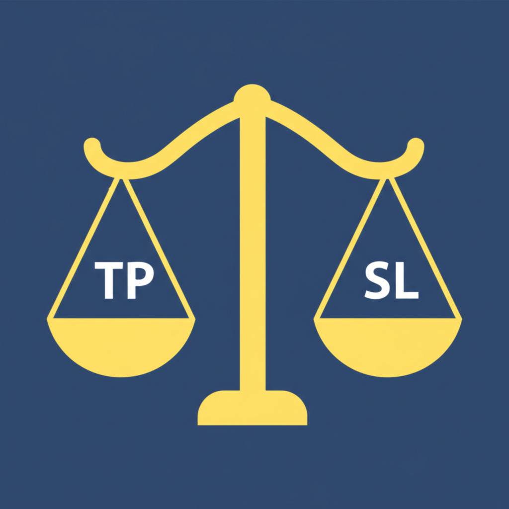 ภาพประกอบเทรดเดอร์ถ่วงดุลระหว่างกำไรและความเสี่ยงด้วยตาชั่งที่แสดง TP และ SL ทำงานประสานกัน