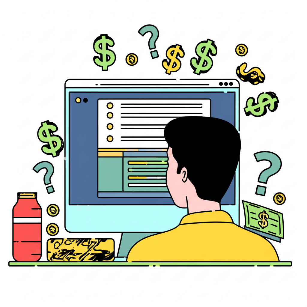 投資者注視螢幕上的可口可樂股票數據,周圍環繞疑問符號與金錢圖案,象徵投資決策與稅務考量