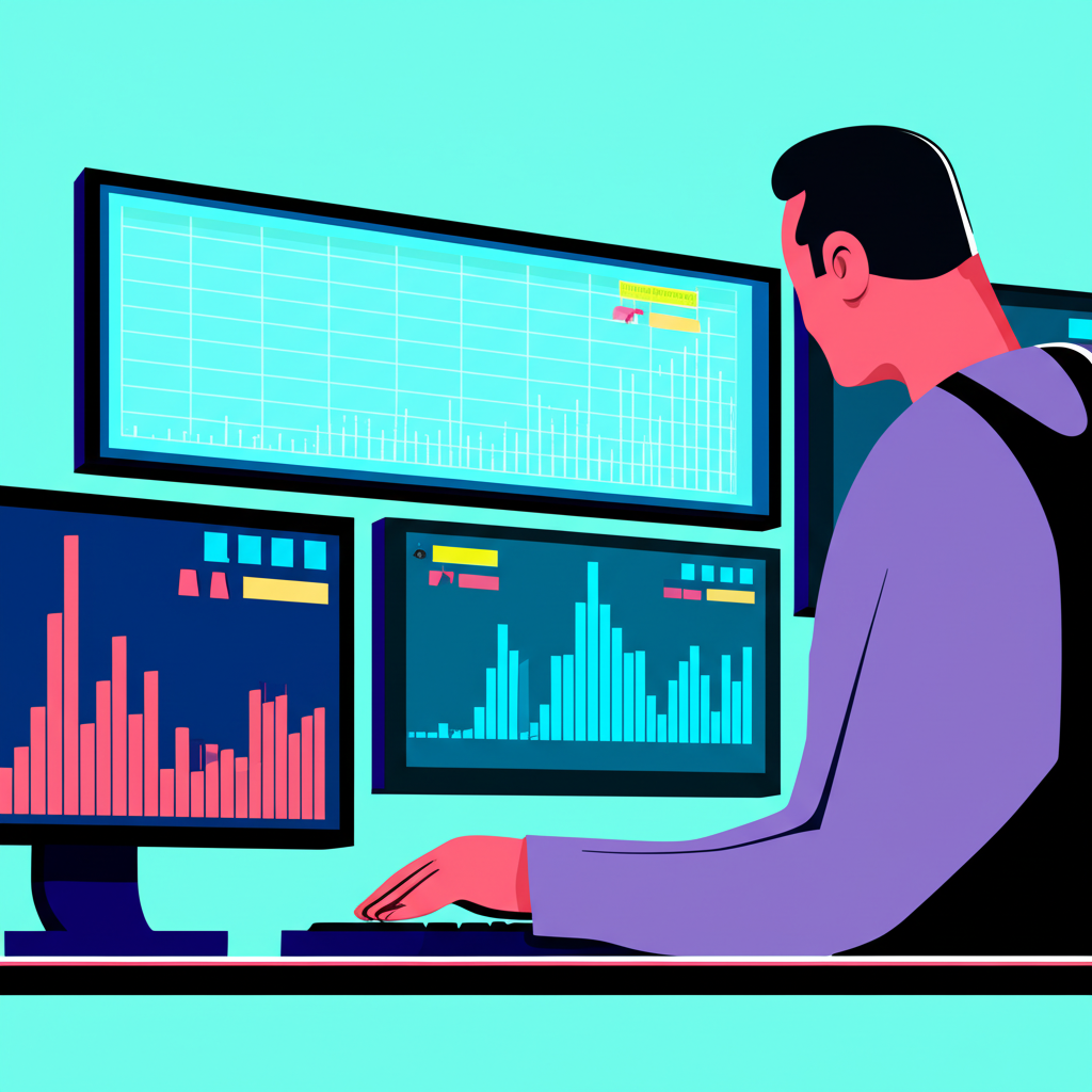 ภาพประกอบเทรดเดอร์กำลังวิเคราะห์ฮิสโตแกรม AO บนหน้าจอหลายจอเพื่อตัดสินใจซื้อขาย
