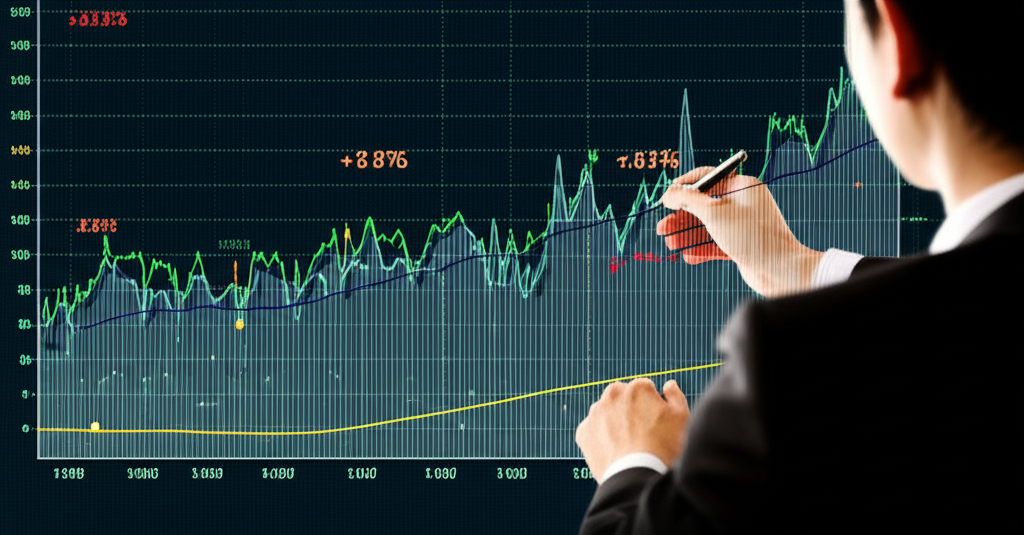 A person analyzing a complex Euro Baht currency graph with real-time data illustration