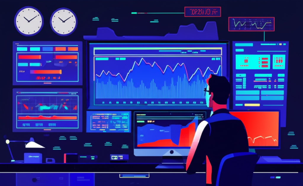 投資人觀察股票圖表與交易時鐘,強調精準決策的重要性